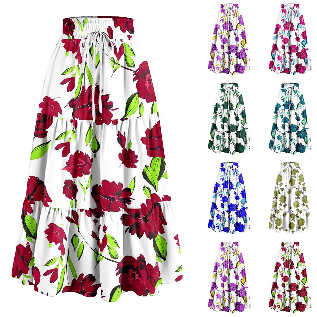 Gonna Lunga Casual Primaverile da Donna con Volant Gonna Tinta Unita Gonna Retro Pieghettata