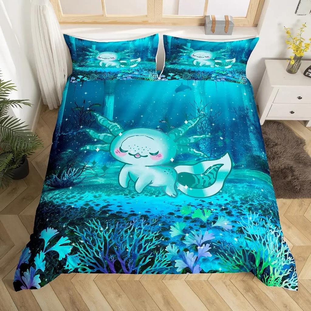Comforter Cartoon Pink Axolotl Floral King Queen Kawaii Salamander Bedding Set 3D Animal Polyester Comforter