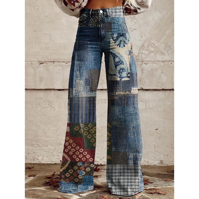 2026 summer new printing European and American style cross-border 3D trend jeans loose casual straight wide-leg trousers women S