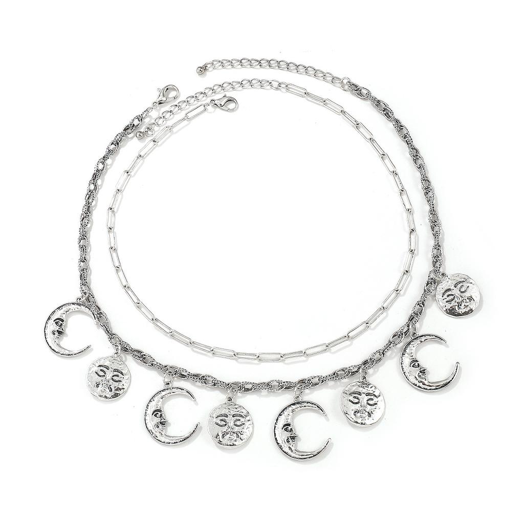 Women European Retro Relief Portrait Sun Moon Necklace Minimalist Personality Double Layer Chain Choker