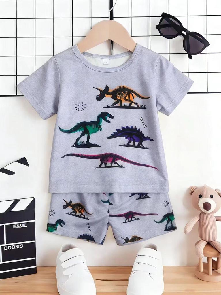 Toddler Boys Cool Multicolor Dinosaur Skeleton 2-Piece Outfit, Summer Gray Cartoon Clothes for Kids, Perfect for Playwear & Outdoor