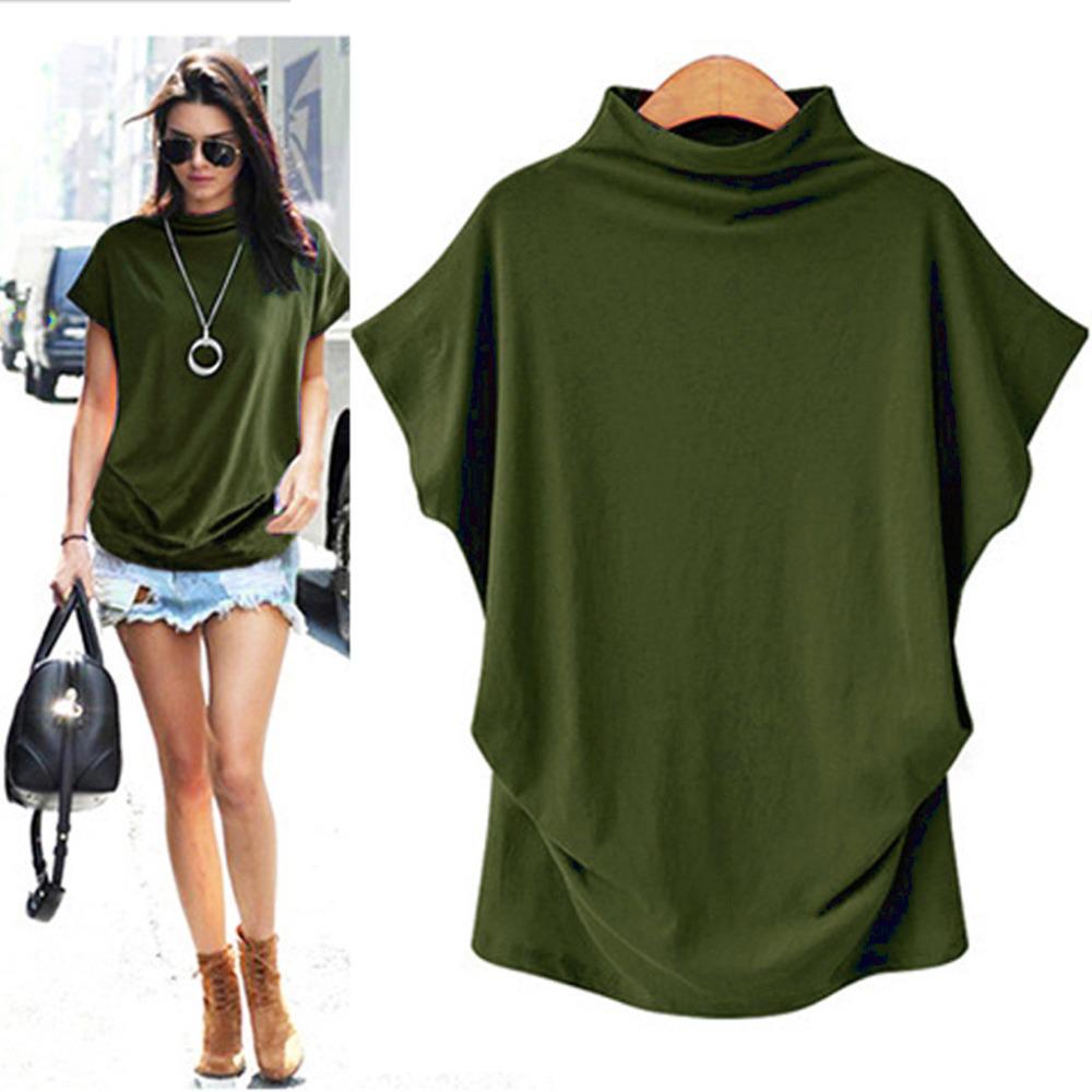 Plus Size Women's Solid Batwing Sleeve T-Shirt - Half-High Collar, Loose Fit, Polyester-Cotton Blend, Short-Sleeve