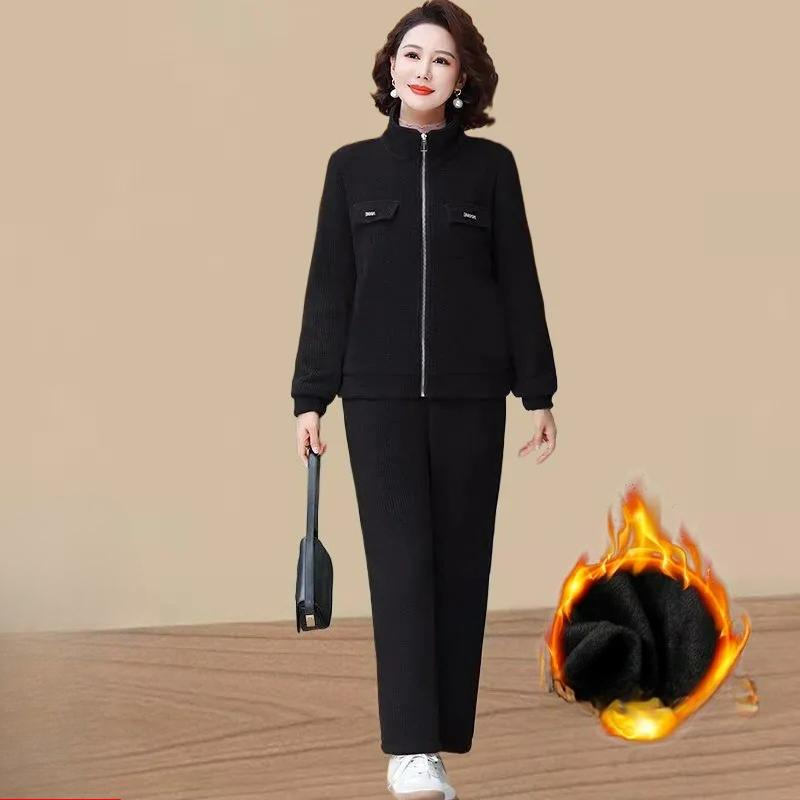 Plus Velvet Warm Sportswear Suit Women's Autumn and Winter Western Style Casual Ladies Suit Two-piece Suit