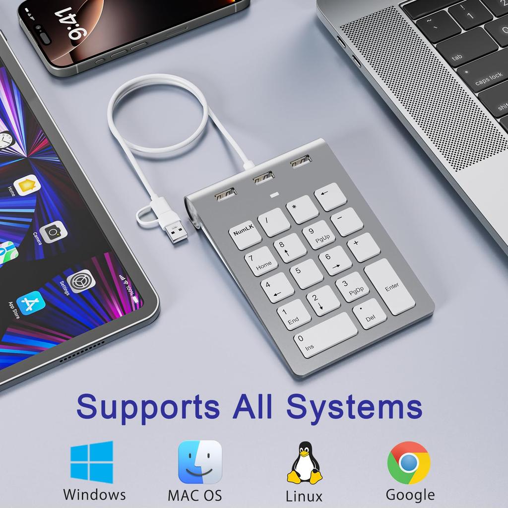 18-Key Slim Wired Numeric Keypad with USB AType-C Ergonomic Mini Keyboard with 3 USB 2.0 Ports, 18 Keys, Office Calculation Keypad, One-Handed Device