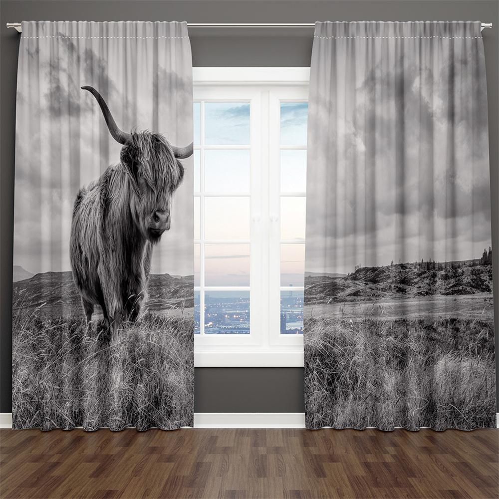 Classic Grey Black and White Yak Wild Animal 2 Pieces Shading Window Curtains for Living Room Bedroom Home Decor Hook