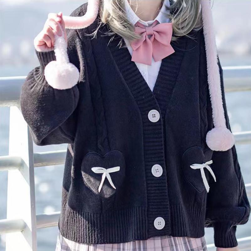 KOSY Kawaii Cardigan Jacket Spring Autumn Japan Fashion Women Vintage Crop Knitted Sweater Cute Bow Korean JK School Coat