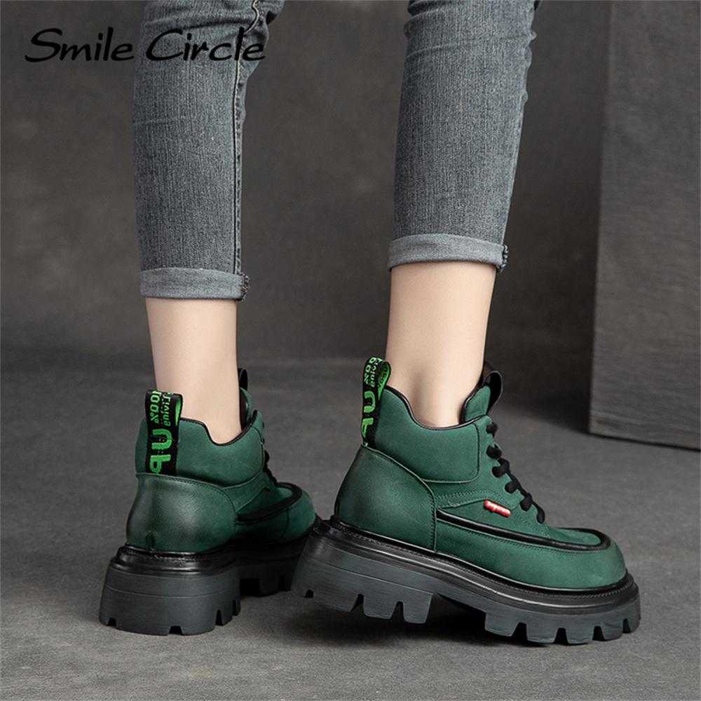 Natural Leather Chunky Women's Ankle Boots High Top Thick Bottom Boots Lace Up Casual Women's Motorcycle Boots