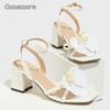 Sandalias De Mujer Women's Fashion Sandals White Ankle Strap Square Toe Flower Shoes Heels for Ladies Size35-43 Zapatos De Mujer