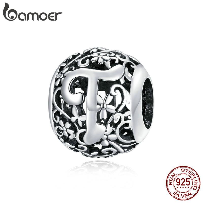 BAMOER 925 Silver Retro Letter Charms Hollowed Alphabet A-Z Round Beads for Women Bracelet DIY Jewelry Making