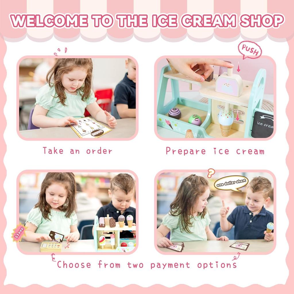 Wooden Ice Cream Counter Playset for Toddler Toy Montessori Kitchen Pretend Play Toy Kitchen Accessories Kids Role Playing Games