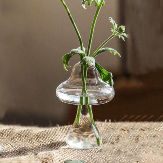 Glass Mushroom Vase Clear Small Bud Flower Vase Cute Mushroom Propagation Stations for Home Room Kitchen Office Windowsill Decoration