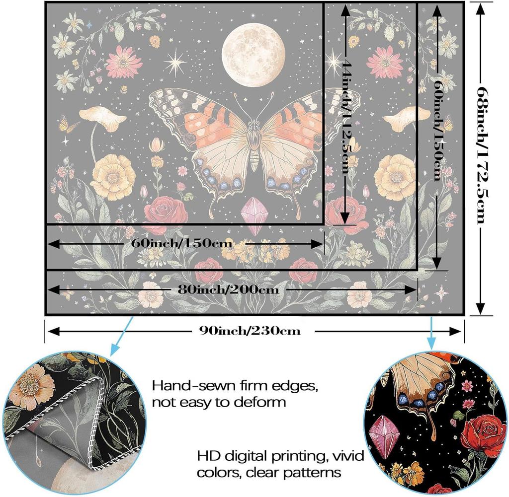 Butterfly Tapestry Moon Star Retro Floral Crystal Plant Aesthetic Tapestries for Bedroom Night Sky Room Decor Tapestries Wall
