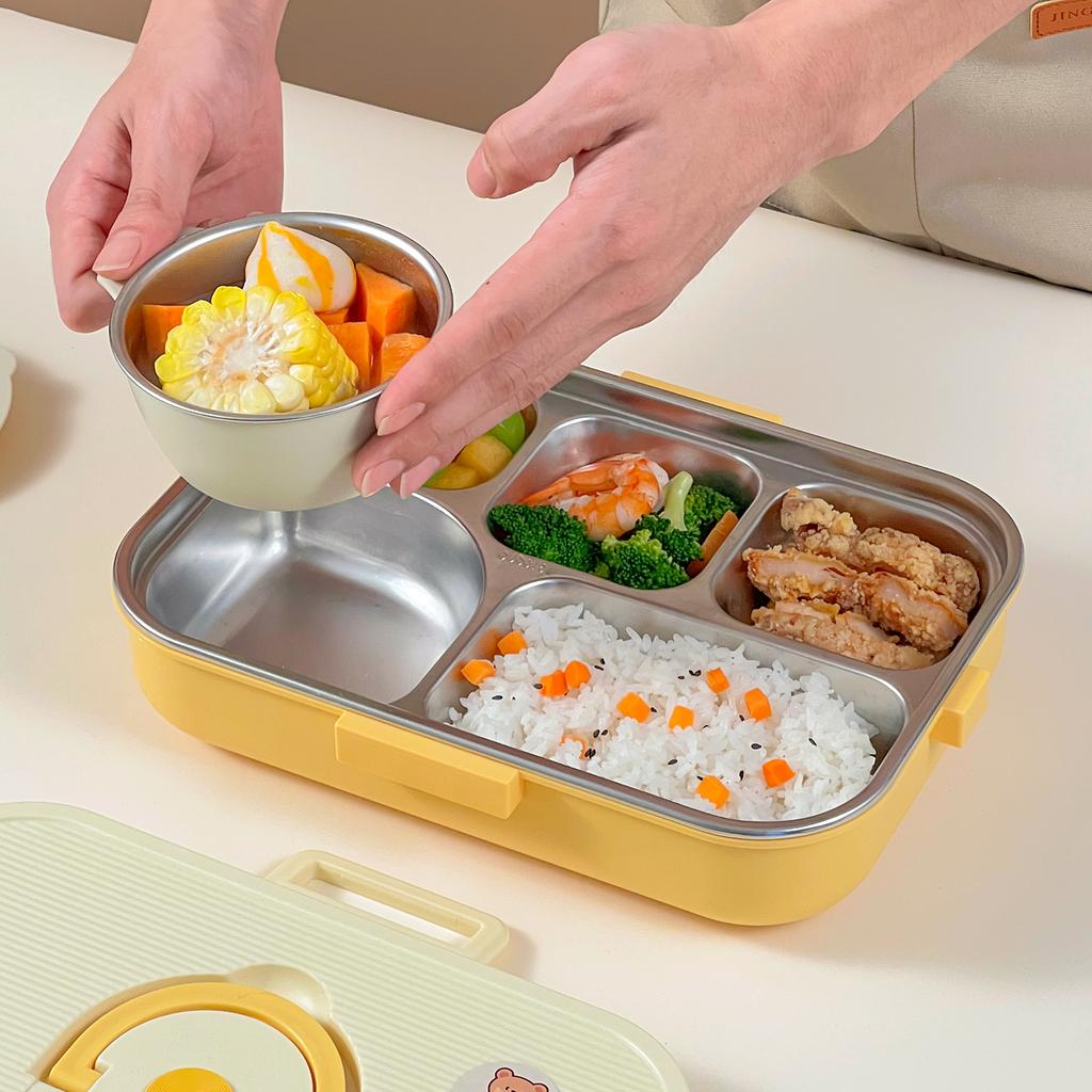 4/5 Compartment 304 Stainless Steel Divided Bento Lunch Box Set For Student Kid Heatable Sealed Lunch Container With Cutlery&Bow