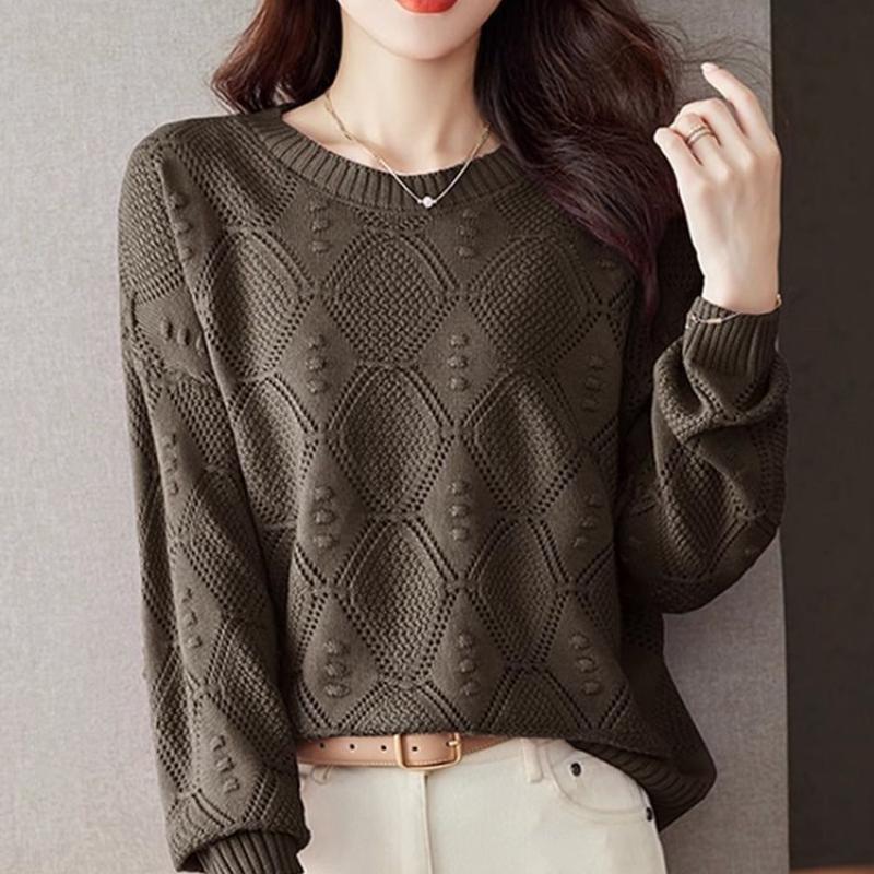 Camiseta Base Fina de Primavera Top Camiseta Base de Primavera y Otoño Holgada Primavera Calado Manga Larga Tejido de Punto Mujer