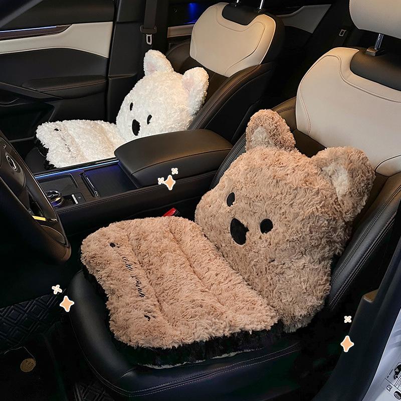 Car Seat Cushion Winter Integrated Warm Cartoon Seat Cushion Car Lumbar Support Neck Pillow Waist Rest Cute Plush Dog Backrest