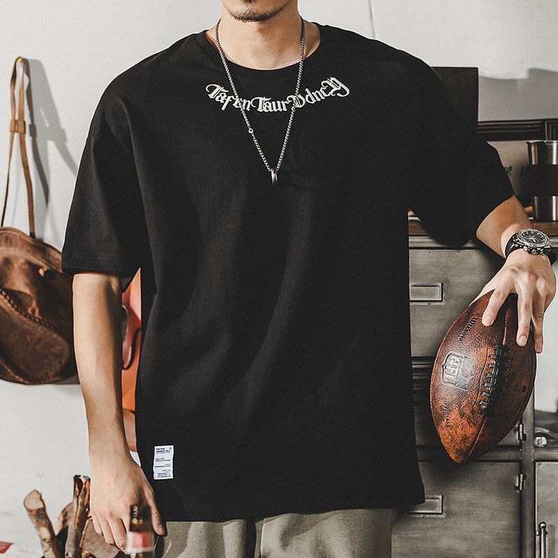 Мужская футболка с короткими рукавами и вышивкой в ​​американском стиле ретро, ​​мужская одежда из чистого хлопка, тяжелая свободная мужская одежда больших размеров, летняя XL