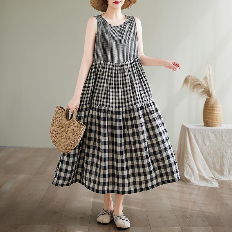 Small Medium and Large Gradual Change Splicing Plaid Vest Skirt Women's Summer New Loose Round Neck Sleeveless Dress