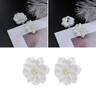 Bohemian Women Girl Jewelry Big White Flower Stud Earrings Camellia Simulated Pearl