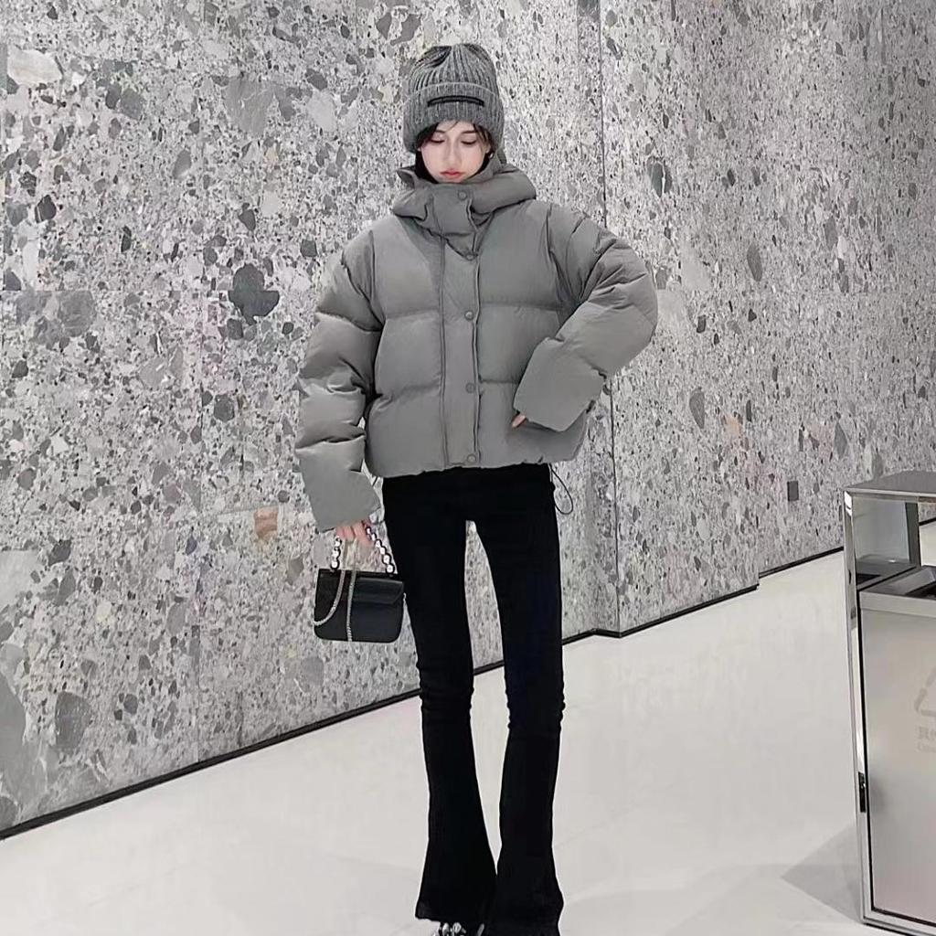 Women's Short Light Down Jacket Autumn Winter Hooded Single Breasted Loose White Duck Down Coat Pocket Stand Collar Solid Color