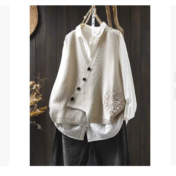 Lace Applique V Neck Cotton Knit Vest Womens Loose Fit Layering Cardigan Autumn Winter Fashion Oversized Sleeveless Top