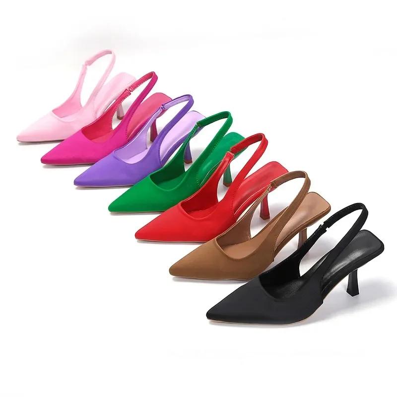Fashion Women Summer Shoes 2025 New Fashion Pointed Toe Stiletto Medium Heel High Heels Women Back Empty Toe Sandals Green Women's Shoes