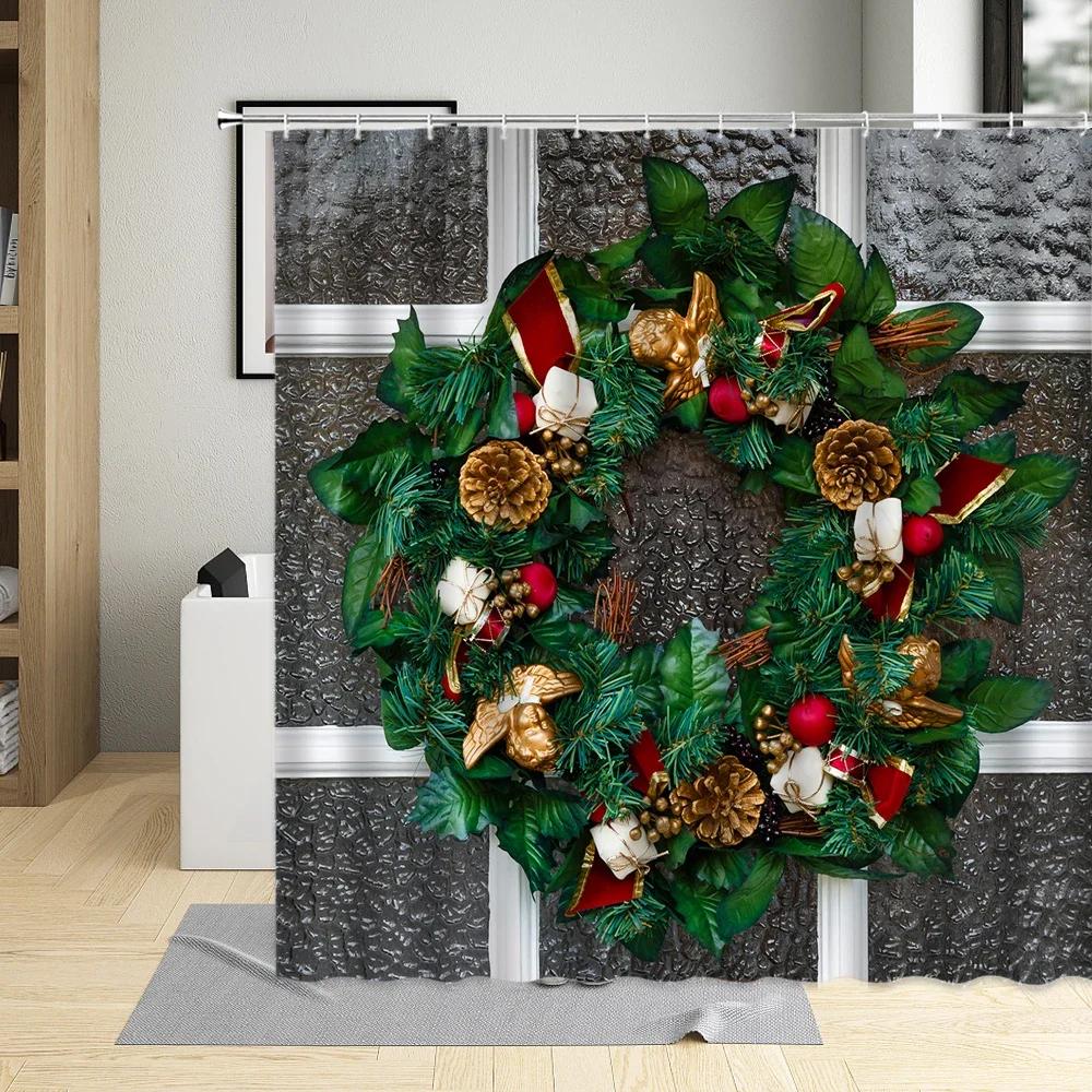 

Christmas Shower Curtain Bathroom Decor White Blue Ball Snowflake New Year Wall Cloth Polyester Winter Holiday Curtains Hook Set W60H190(CM)-1 Pcs