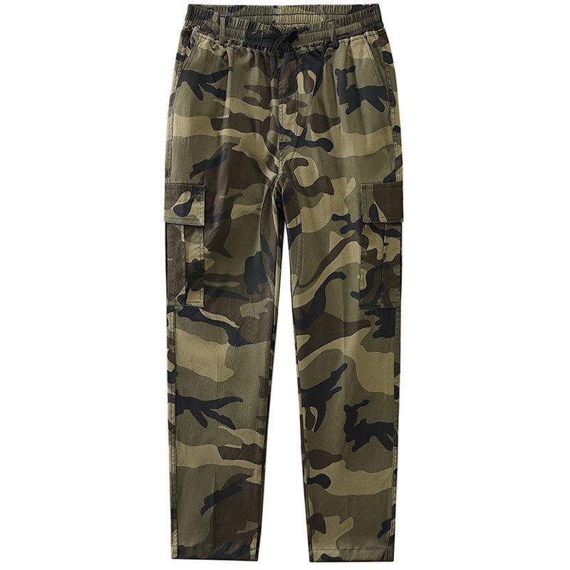 Men's Elastic Camouflage Cargo Pants: Wear-Resistant, Multi-Pocket, Skinny Fit, with Increased Crotch for Work Safety.