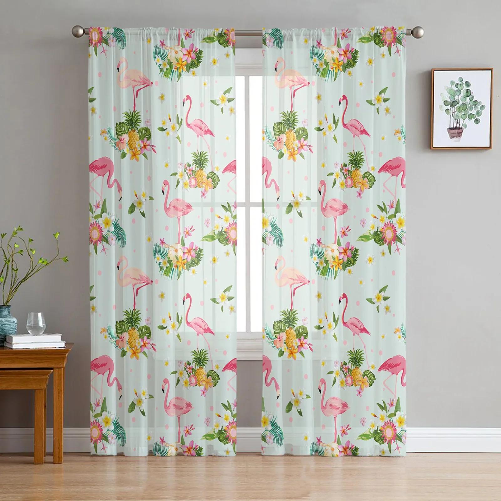 

Nordic Style Pink Flamingo Sheer Curtains Living Room Window Tulle Curtains For Bedroom Cooking Area Home Ornamentation Sheer Fabric Drapes W135 x H115cm x1&Rod Pocket