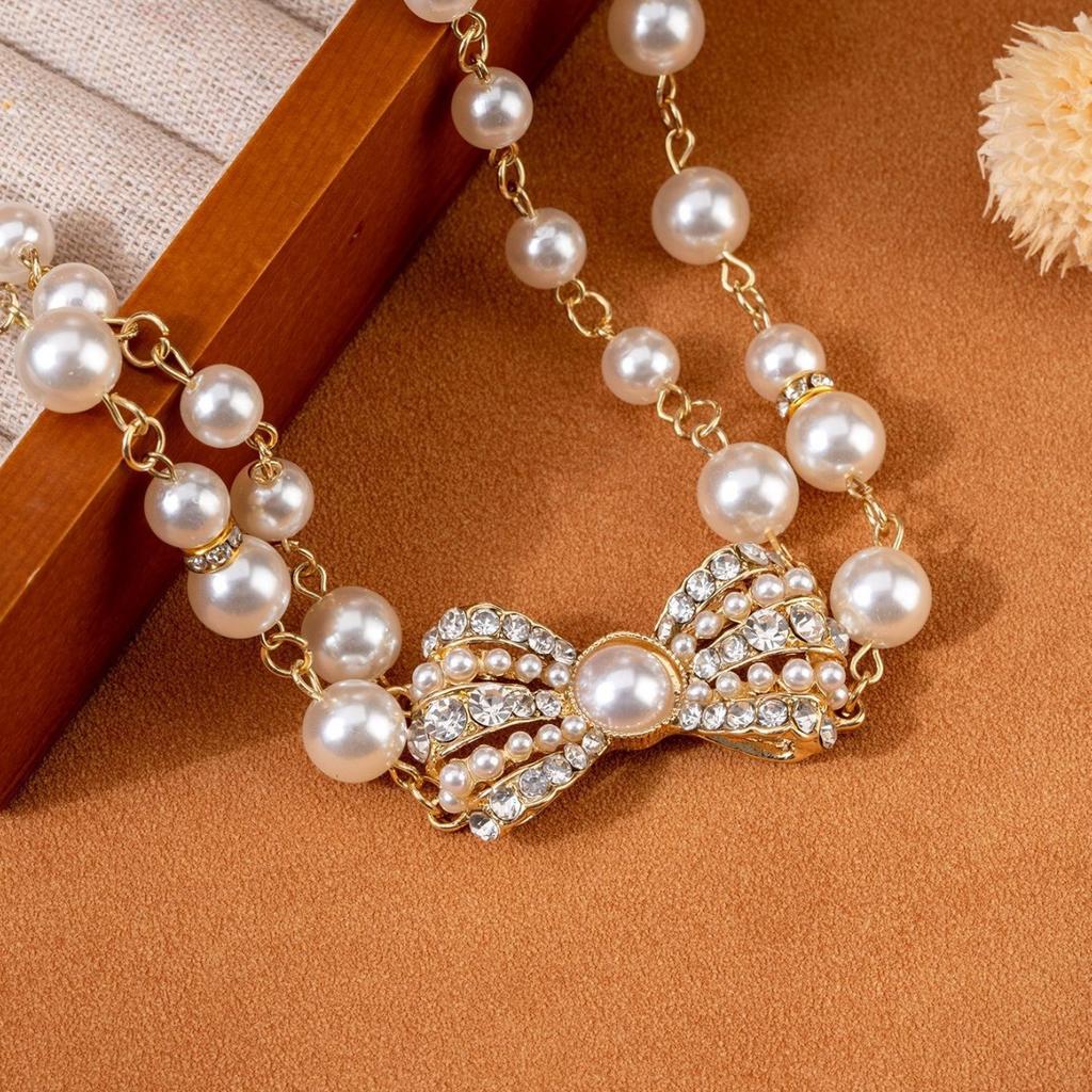 Pearl inlaid bow zircon temperament elegant double clavicle chain