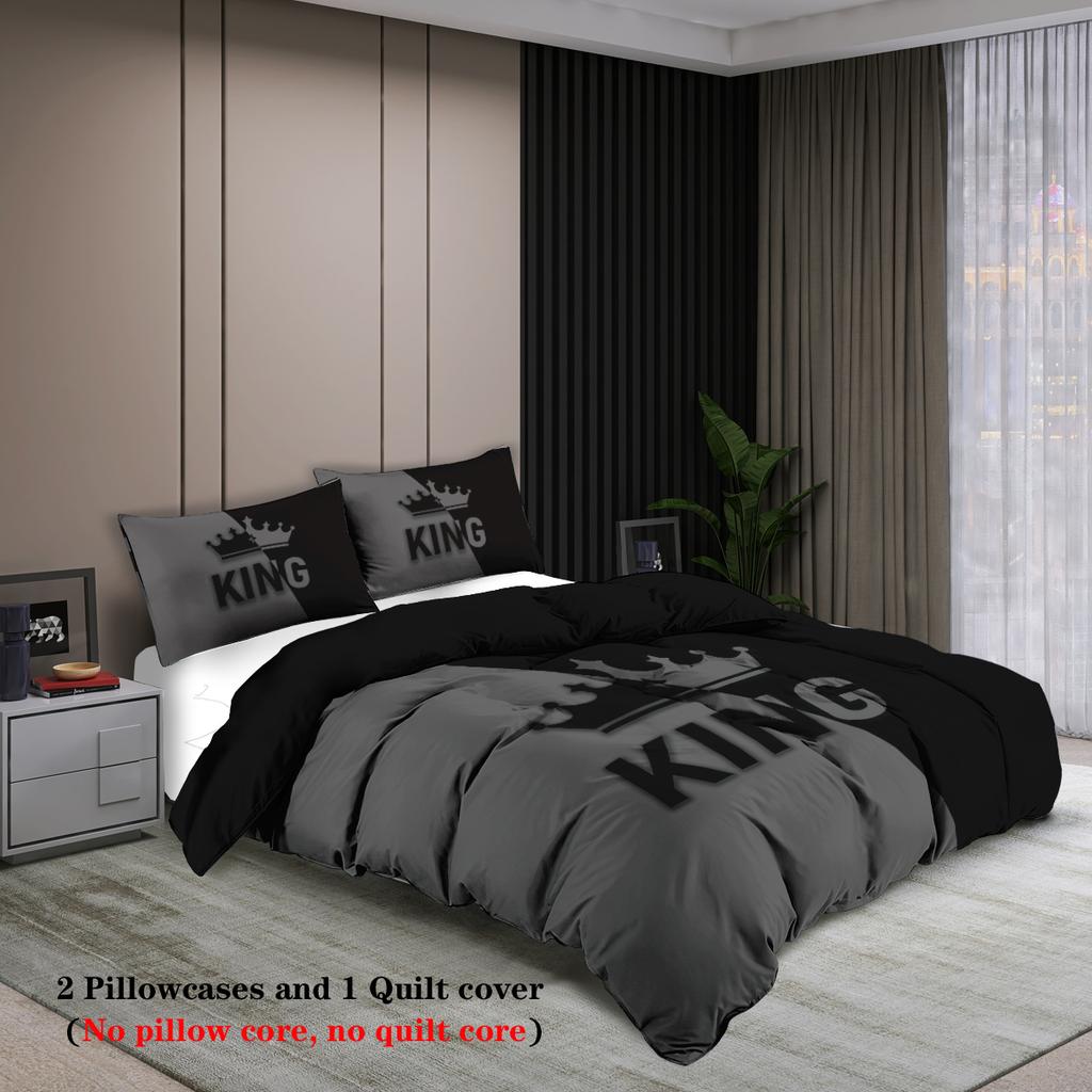 3pcs fashionable black grey KING and QUEEN design printed bedding set, soft, comfortable, breathable duvet cover, bedroom