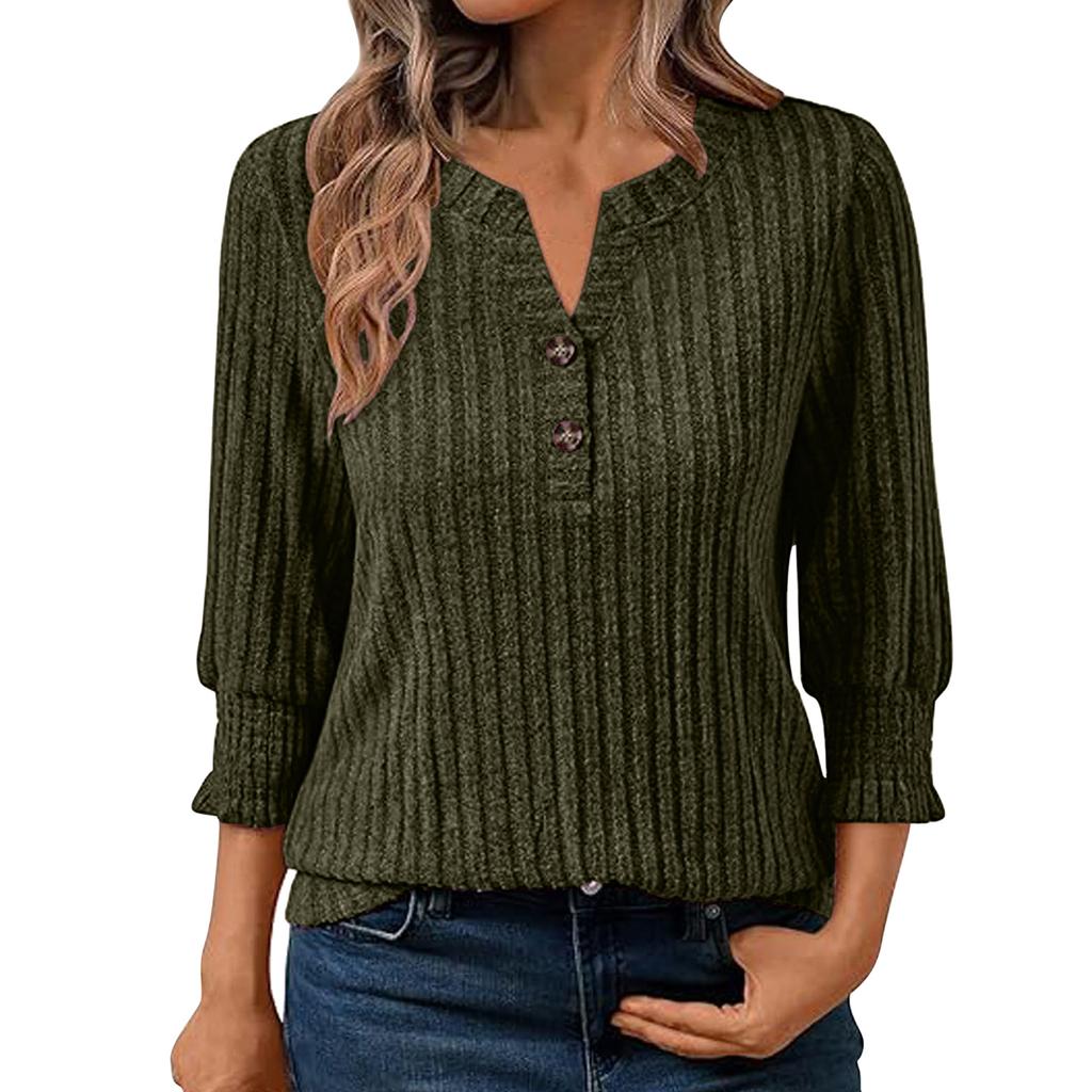 Women's Casual Top Solid Color V-neck Button Up Seven Quarter Sleeve Top