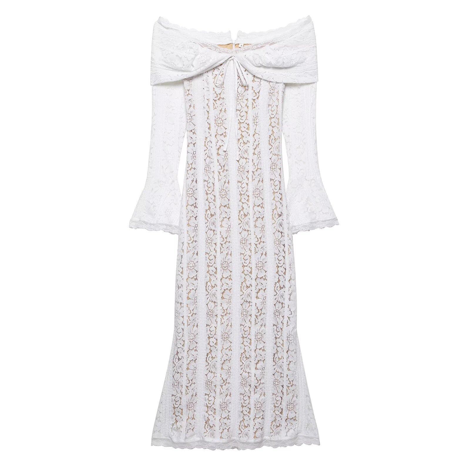 

Летнее кружевное платье-бандо в стиле уличной моды 2025 - Европейский и американский стиль Large белый