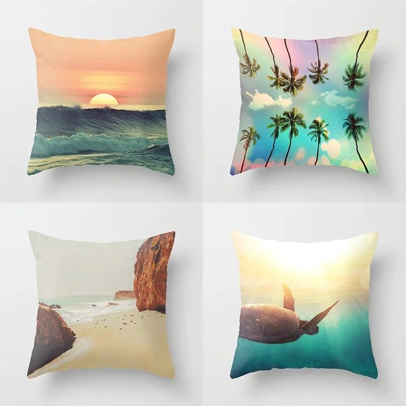 Summer Vacation Cushion Cover Pink Beach Wave Mountain Sofa Pillowcase Bedroom Home Car Office Accessories