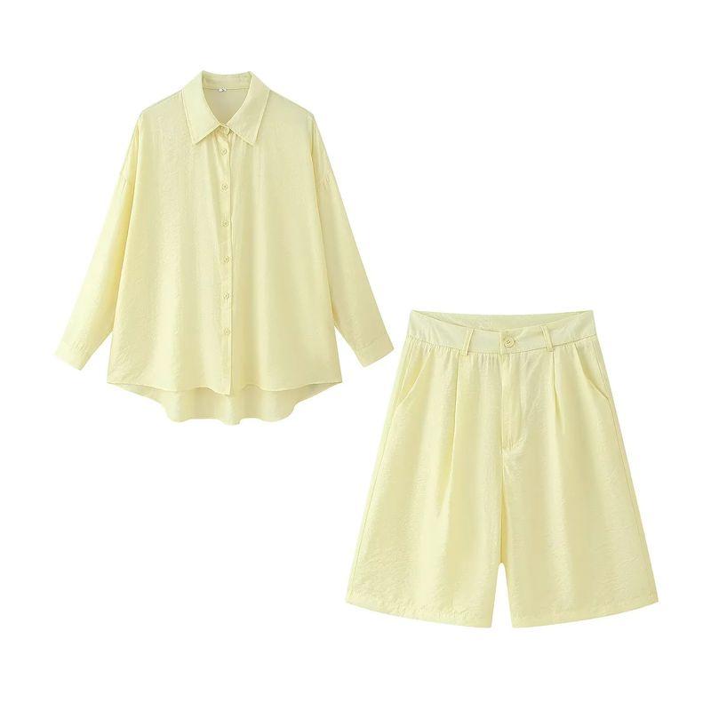 

Summer New Product Women s Clothes Vacation Style Lapel Long Sleeve Shirt Tops + High Waist Leisure Mini Shorts Suit Yellow Suit L