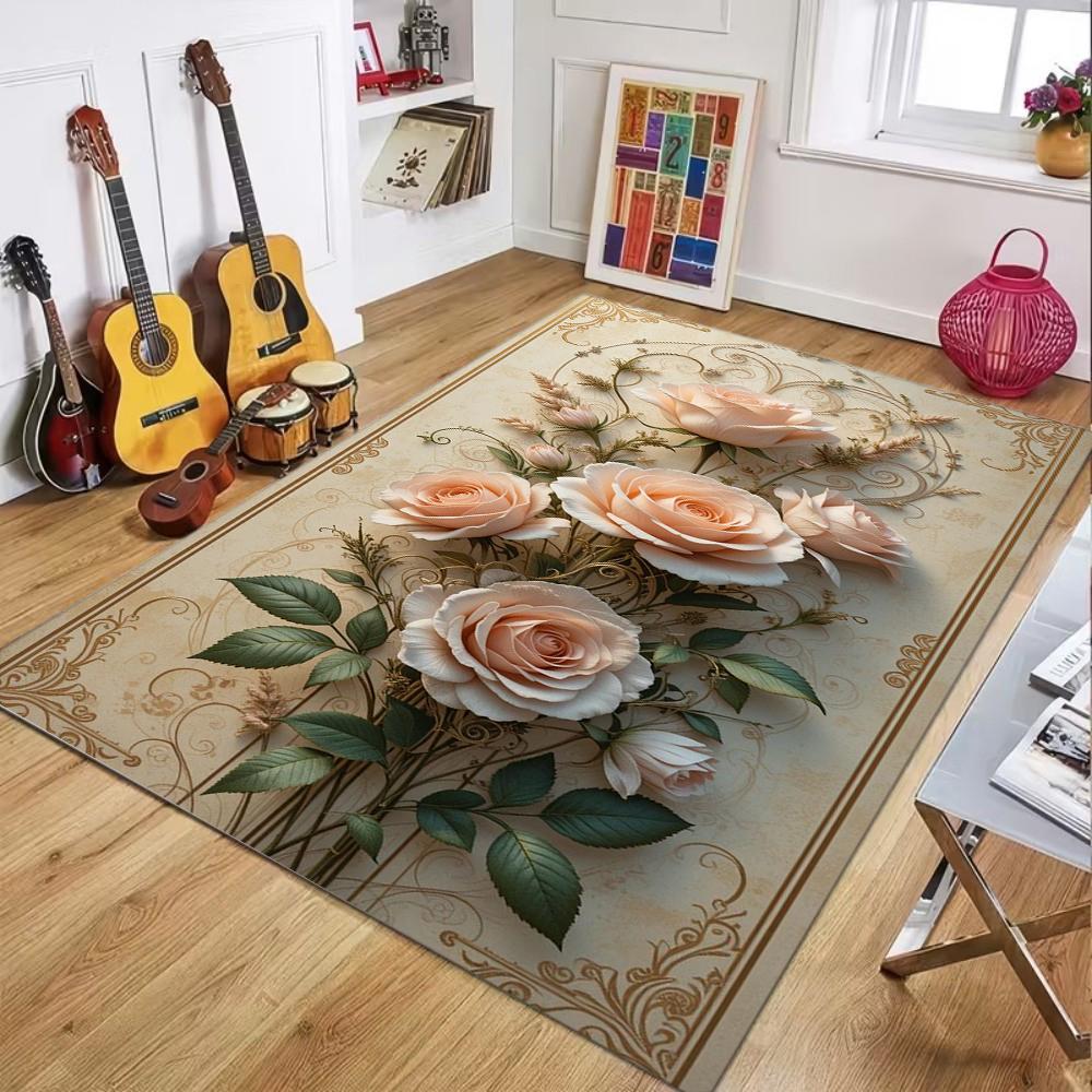 Rote Rosen Teppich, Fußmatte Blüte Floral Teppich, Rutschfester Teppich für Wohnzimmer Schlafzimmer Esszimmer Badezimmer Küche Heimdekoration