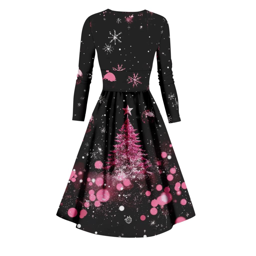 Dámské houpací šaty Slim Fit s dlouhým rukávem a potiskem sněhových vloček s výstřihem do V