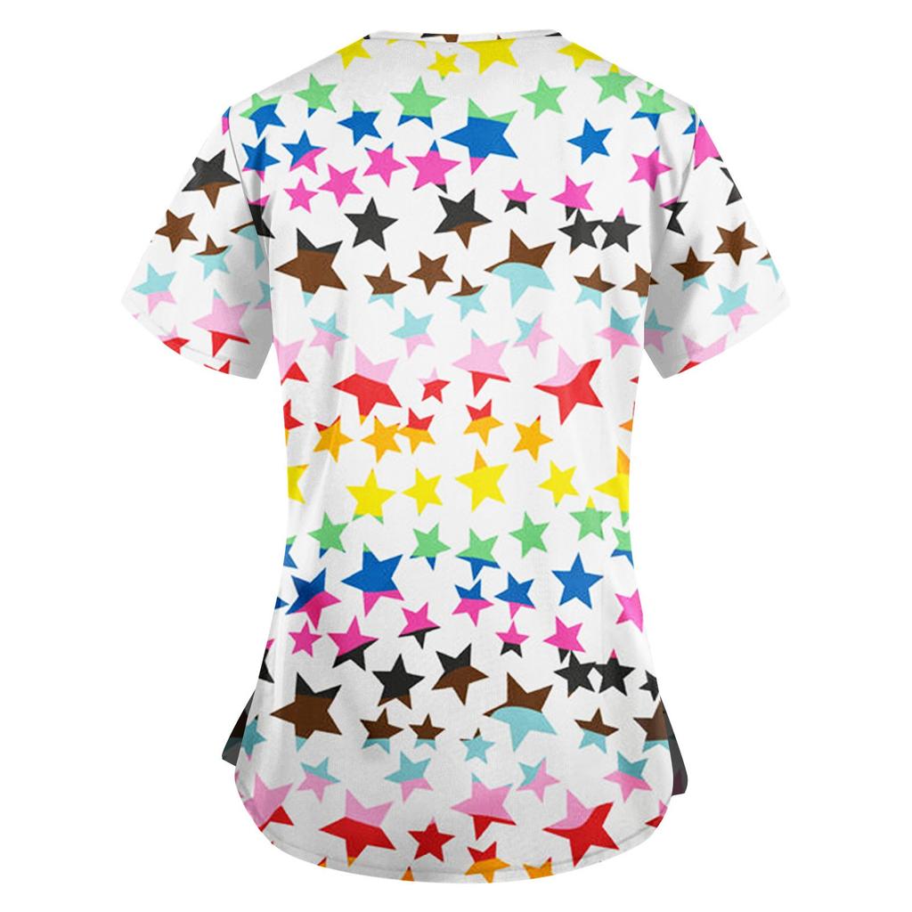 Ropa de trabajo de manga corta con cuello en V a la moda para mujer con bolsillos Tops estampados