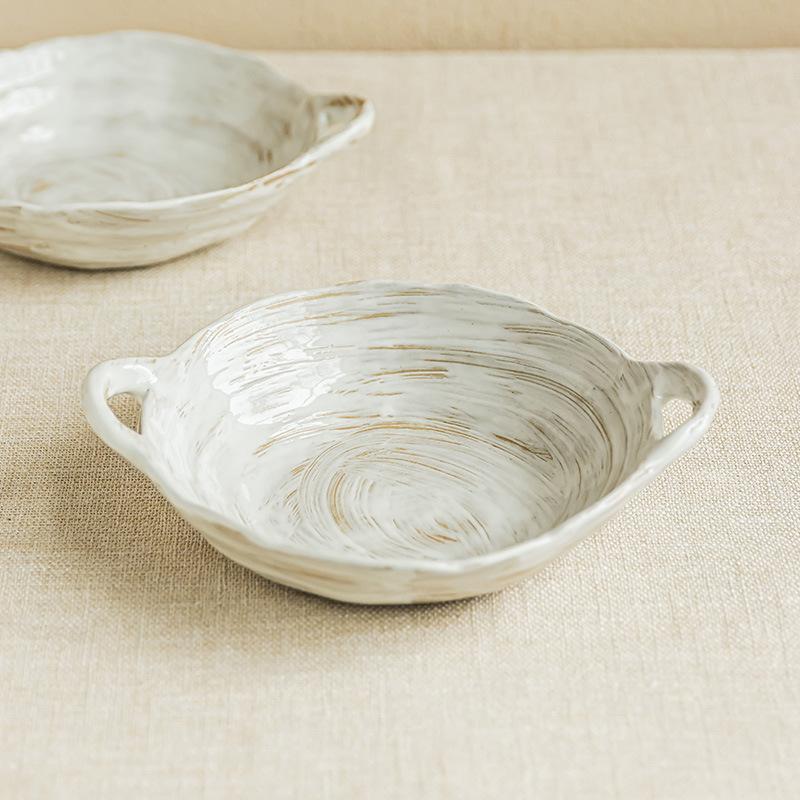 Coarse Pottery Binaural Bowl Hand-Painted Ceramic Bowl Practical Tableware Portable Bowl Household Bowl Salad Bowl Vegetable Bowl