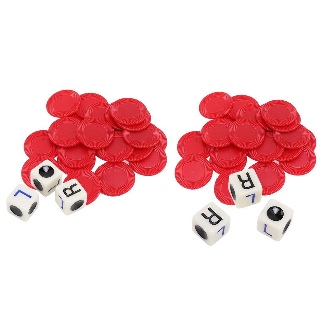 2 Sets Left Right Center Dice Game 16mm With 3 Dices 24 Chips for Family Nights Friends Gatherings Games Parties Red