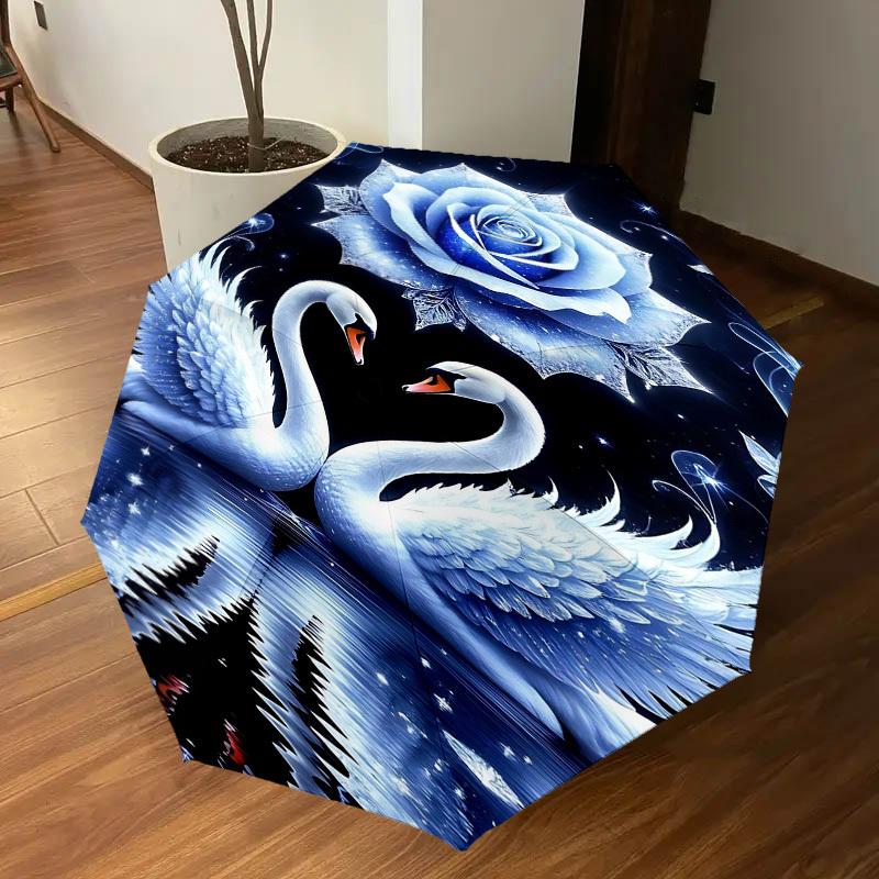 1pc Swan Love Automatic Open/Close Umbrella Compact Folding Umbrella with 8-Rib Shaft for Women/Men, Portable Travel Umbrella,1192S