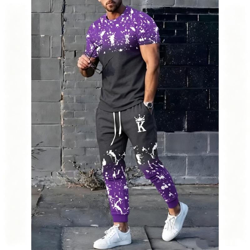 Men's Polyester Sportswear | Elegant Casual Round Neck | Slightly Stretchy Knit with 3D Print Crown Pattern Short Sleeve T-Shirt and Pants