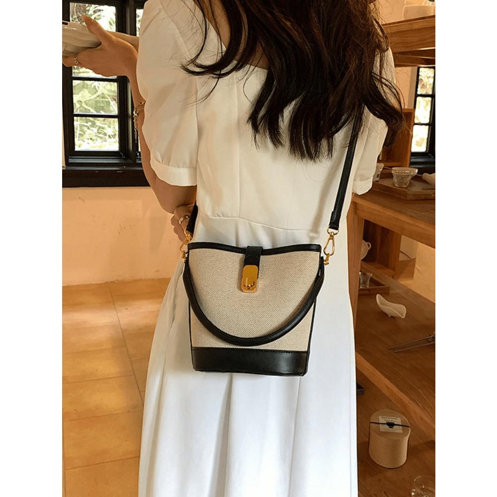 1PC Fashion Contrast PU Canvas Splice Buckle Handbag Water Bucket Bag Strap Long Shoulder Strap Crossbody Bag For Women's Daily Use