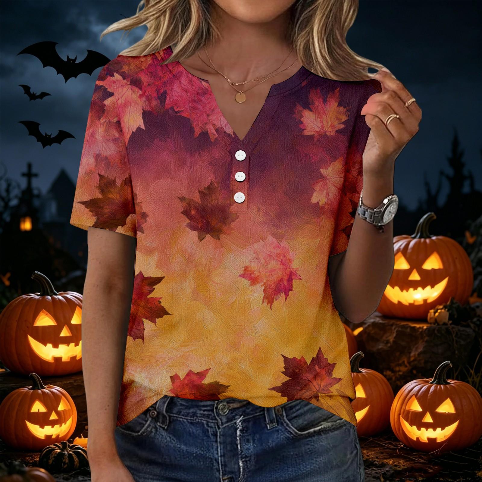 Women s Casual Short Sleeve V-Neck T-Shirt with Leaf Print and Decorative Buttons L