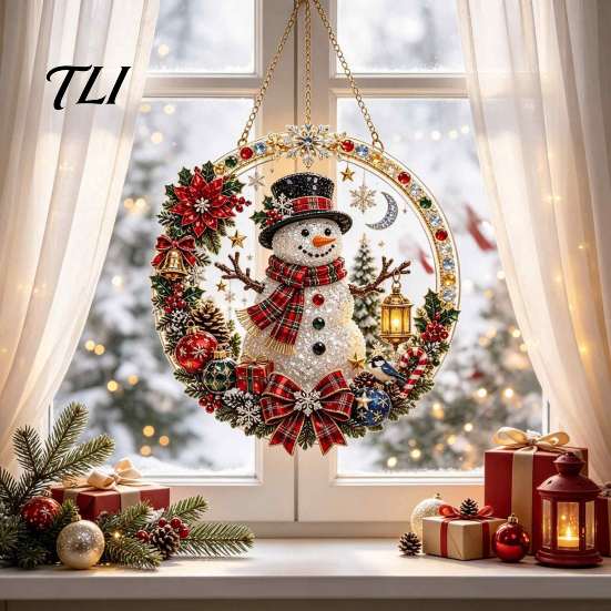 Christmas Snowman Gift Ideas Xmas Hanging Ornament, Round Acrylic Santa Reindeer Seasonal Winter Room Decor Door Sign for Festive Window Wall Holiday