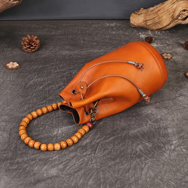 Johnature Geantă de umăr de damă din piele naturală lucrată manual, geantă crossbody retro cu șnur, mini geantă tip găleată de mână