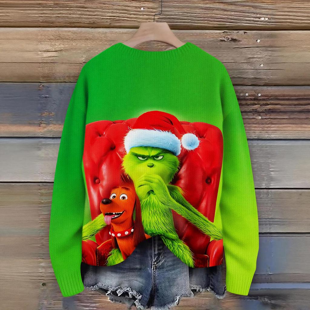 Long Sleeve Pullover Sweaters For Women O Neck Casual Cute Printing Knit Oversized Sweater