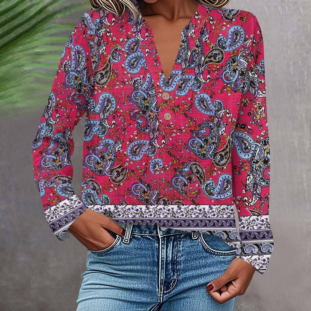 Women's Fashionable And Casual Shirt Long Sleeve V-neck Button Printed Blouse Top
