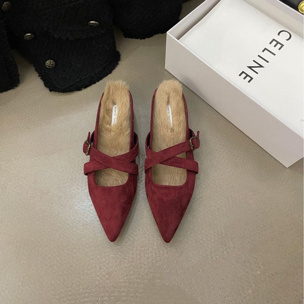 2025 autumn new suede one-word with real rabbit fur thick-soled outer wear half drag inner thick-soled leopard print women's tide shoes