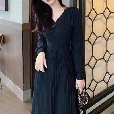 V-neck Waist and Thin Women's Dress with Coat Medium and Long Autumn and Winter New Bottoming Knitted Sweater Skirt