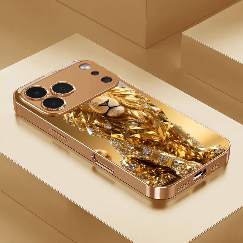 Jeweled Gold Lion Electroplated Golden Phone Case For iPhone 17Air 17 16 15 14 13 12 11 Pro Max Plus 16E XR 7 8 Xs X Glass Cover